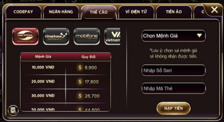 Nạp tiền X8 qua thẻ cào điện thoại