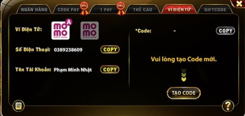 Nạp tiền qua ví Momo