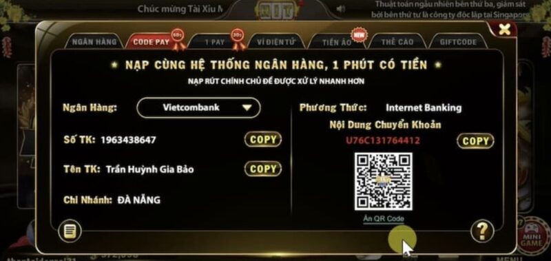 Nạp tiền vào cổng game qua QR code